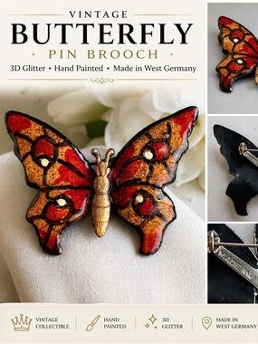 Vintage Hand-Painted Butterfly Pin Brooch - Red & Gold West-Germany